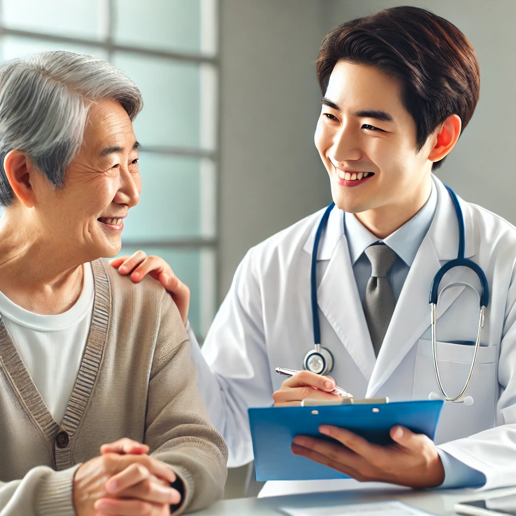 친절한 한국인 의사가 병원에서 노인 환자에게 의료급여 혜택을 설명하는 모습. 의사는 클립보드를 들고 미소를 짓고 있으며, 환자는 안도하며 감사한 표정을 짓고 있다. 배경에는 깨끗하고 현대적인 의료 시설이 보이며, 부드러운 조명이 공간을 밝게 비추고 있다.