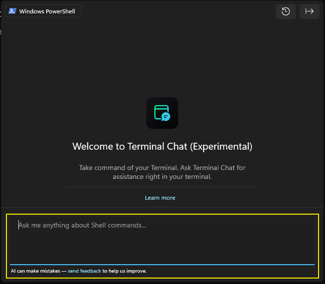 윈도우 터미널 &gt; 메뉴 &gt; Terminal Chat 실행 화면