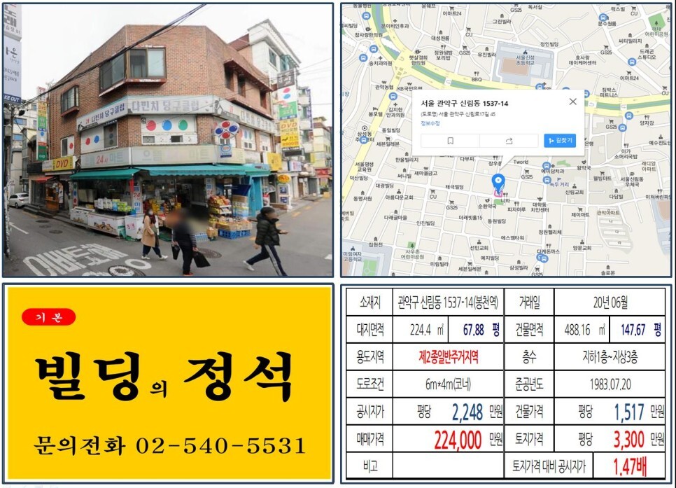  [관악구 녹두거리 20억 꼬마빌딩 실거래가 조회] 신림동 1537-14 (봉천역) 22.4억 원, 평당 3,300만 원 매매되었습니다. 신림선