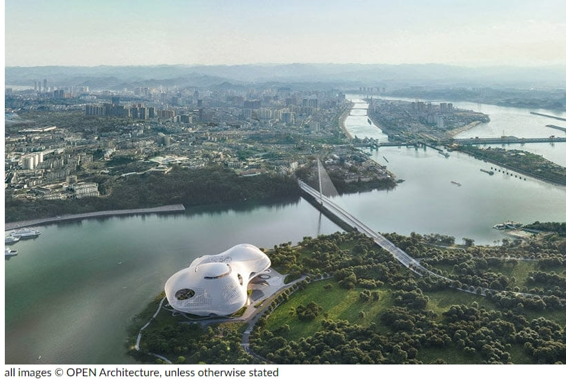  양쯔강변 유체 형태 이창 대극장 디자인  OPEN architecture unveils fluid and floating yichang grand theater along yangtze river