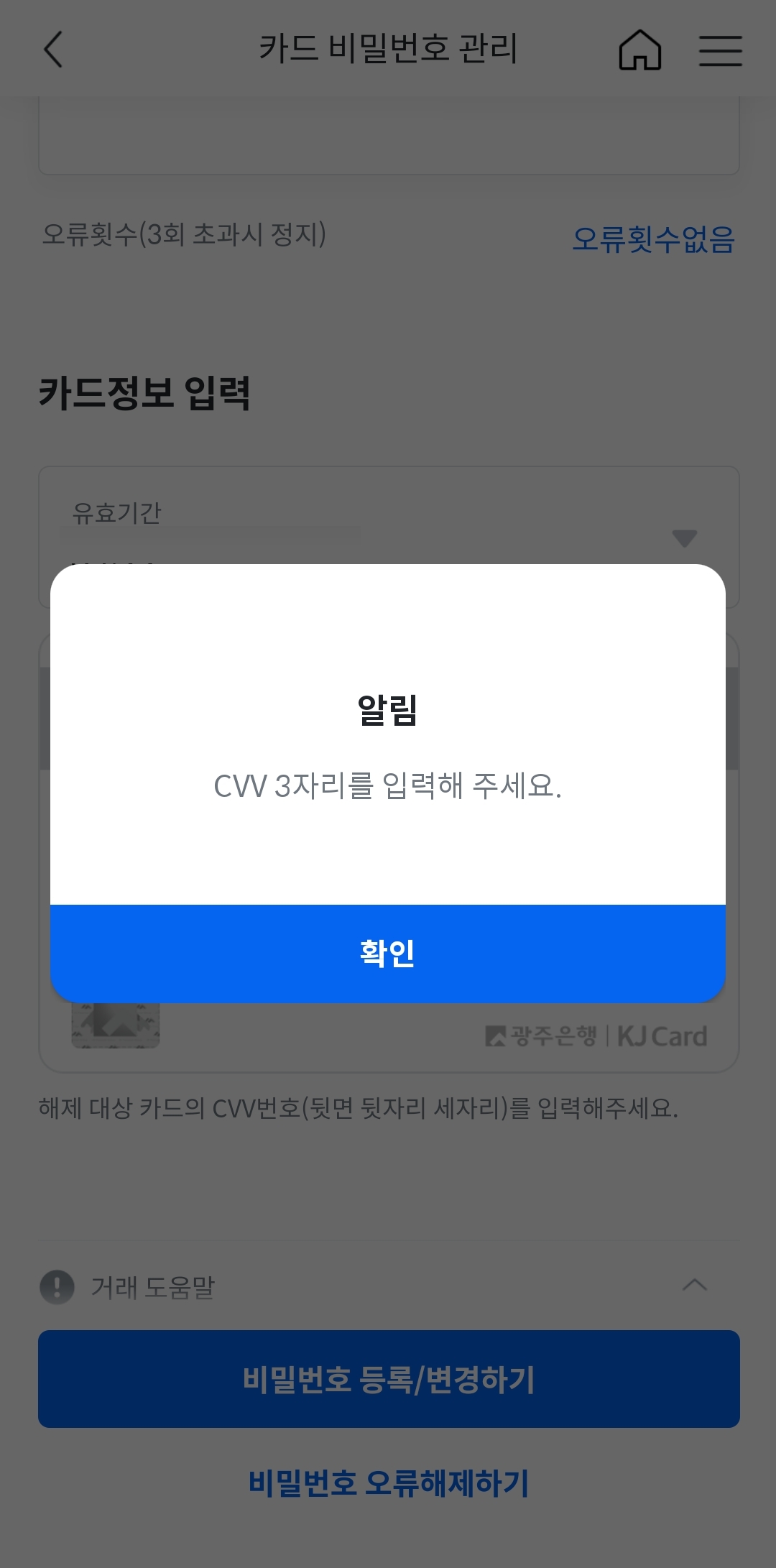 cvv 세자리번호 입력