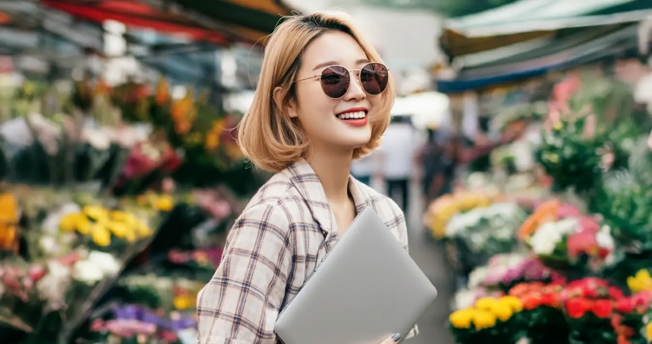 노트북을 들고 가는 여성