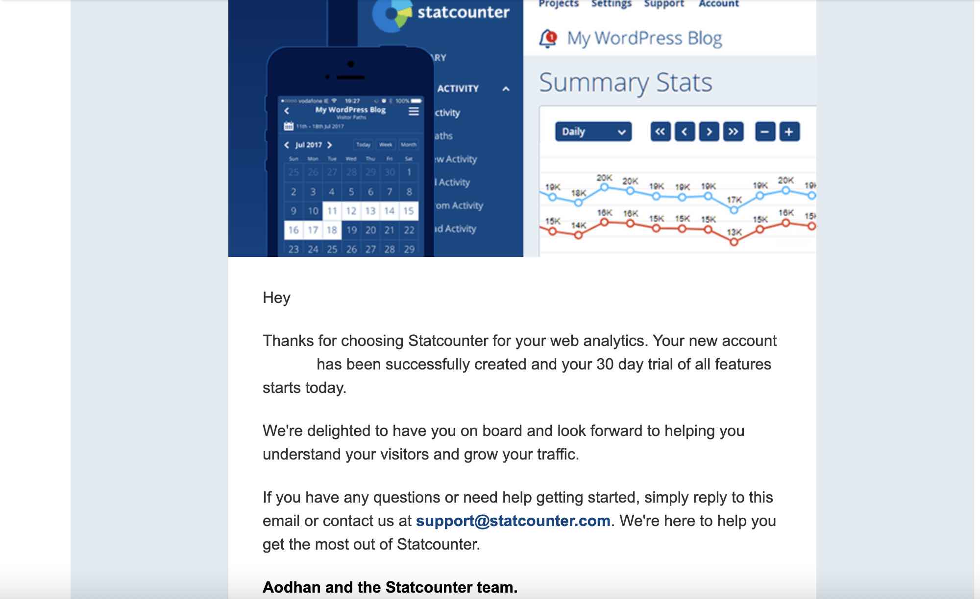 screenshot of email, notifying that a new statcounter account is created