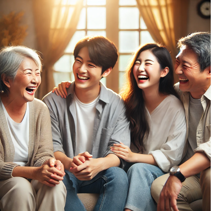 가족들이 함께 웃으며 대화를 나누는 장면