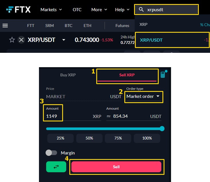 FTX 메뉴 상단 검색기에 xrp/usdt를 넣고 마켓에 진입하여 Sell XRP탭을 누르고 시장가로 1149개를 매도하는 사진