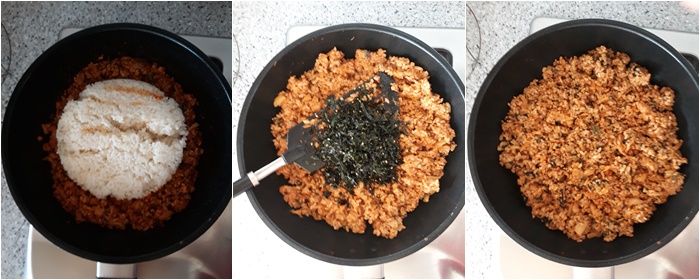 왼쪽: 프라이팬에 밥을 넣은 이미지
가운데: 프라이팬에 김가루를 넣은 이미지
오른쪽: 프라이팬에서 김치볶음밥을 완성한 이미지