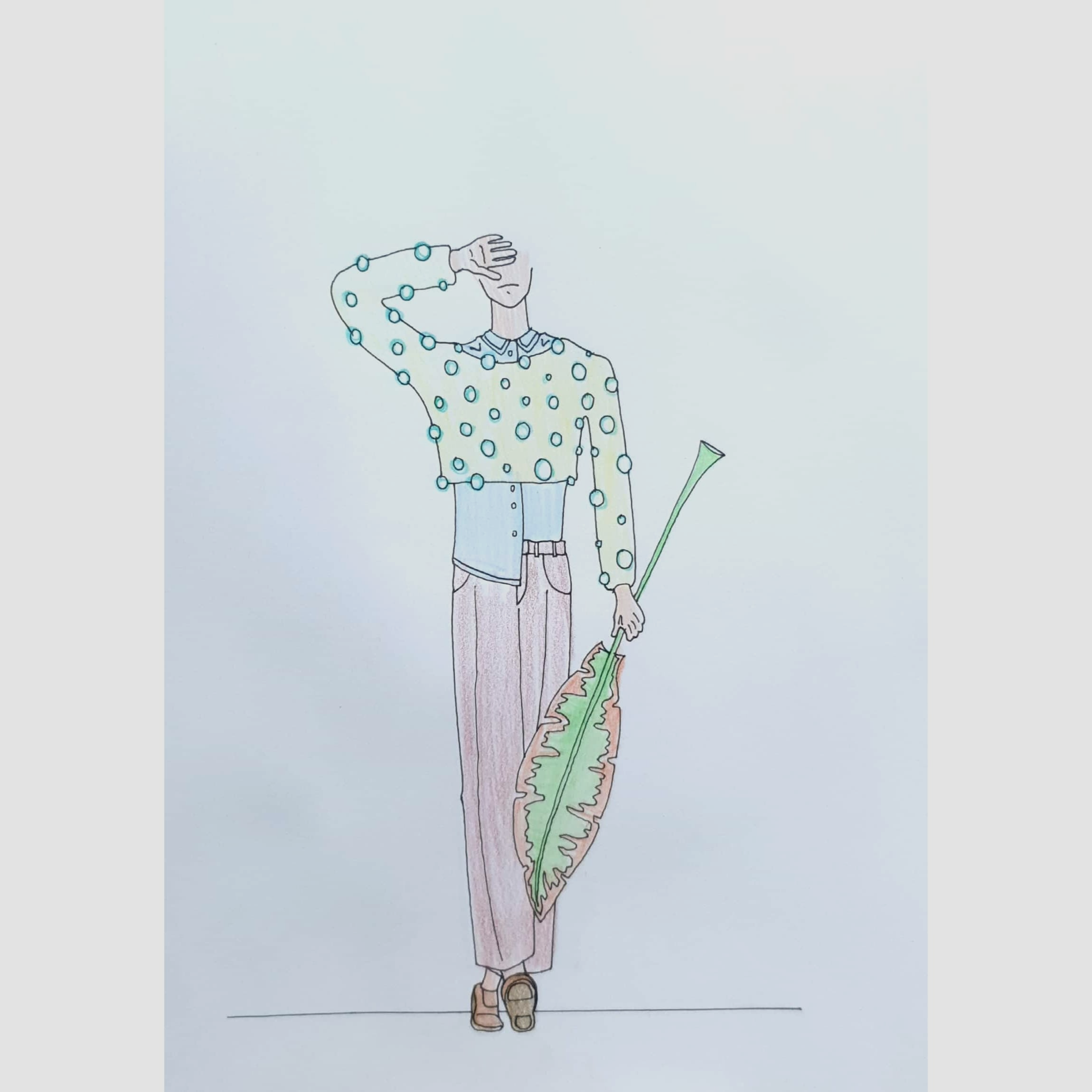  손 뒤로 얼굴을 숨기다