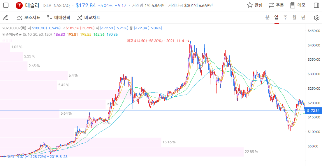 테슬라 주가 일봉