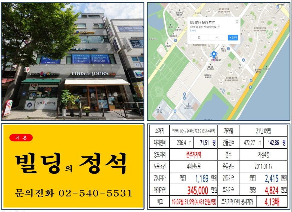  [인천시 남동구 30억 꼬마빌딩 실거래가 조회] 논현동 772-7 (인천논현역) 34억 5,000만 원, 평당 4,824만 원 매매되었습니다.