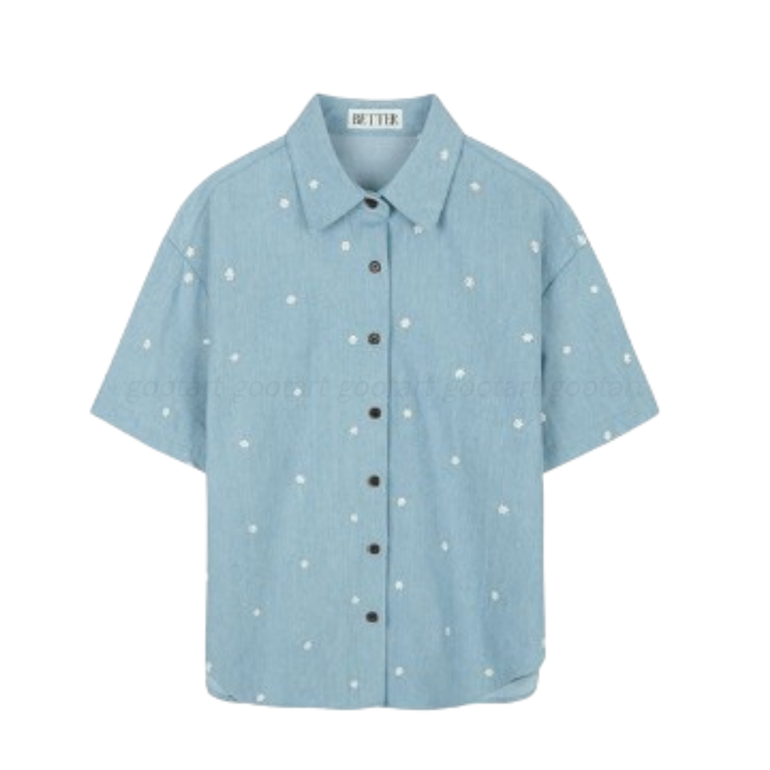 노운베러 Flower embroidery half sleeve denim shirts_Sky Blue