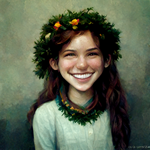 화관을 쓰고 활짝 웃고 있는 갈색머리에 초록색 눈을 가진 여자아이