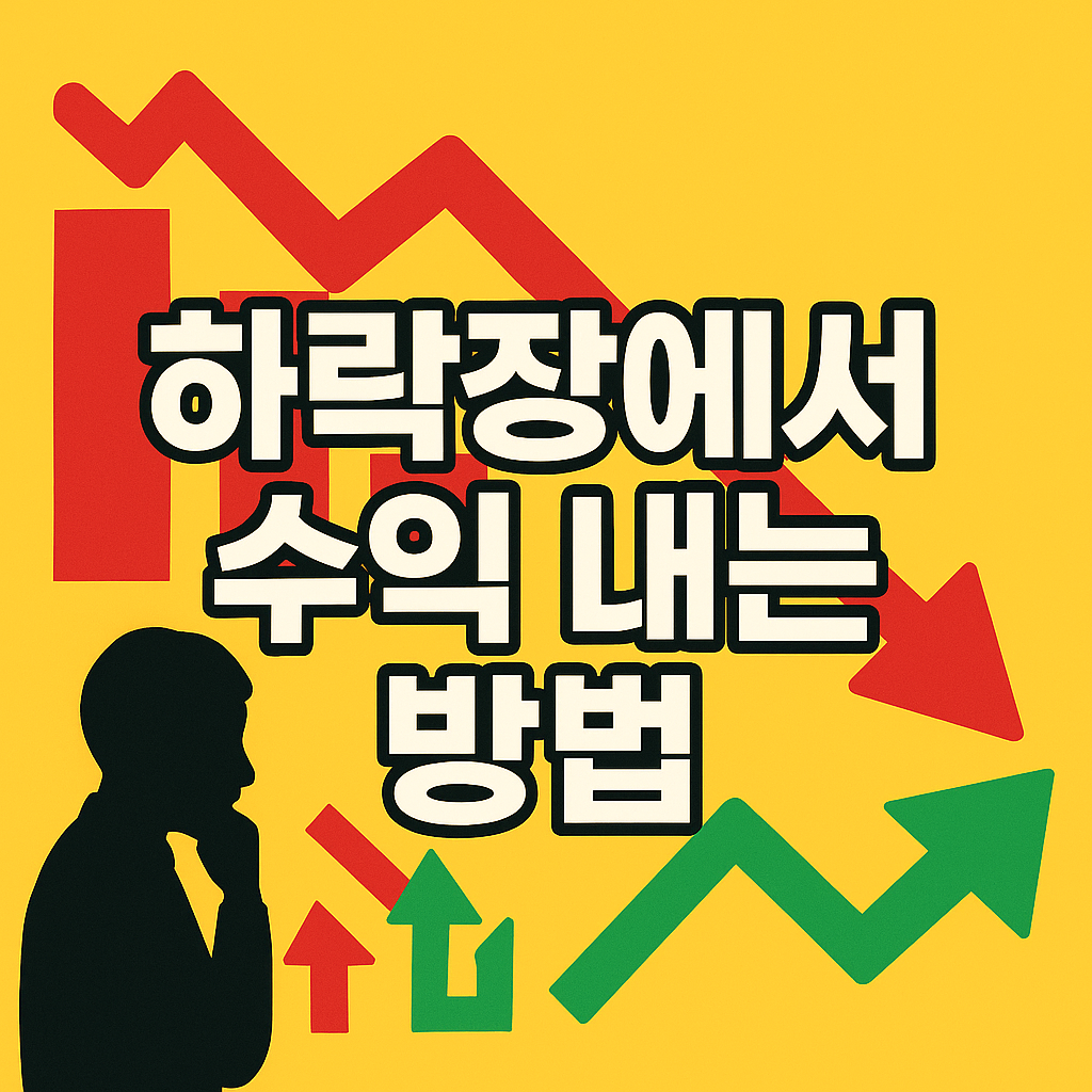 검은색 글자 ‘하락장에서 수익 내는 방법’이 흰색 테두리로 강조되고, 배경의 노란색 장에서 붉은 하락 화살표와 녹색 상승 화살표 아이콘이 대비를 이루는 2D 일러스트 썸네일 이미지