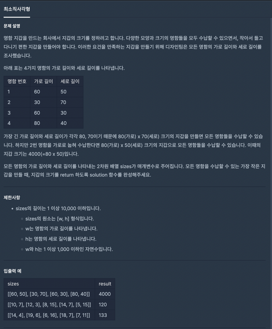  [프로그래머스] 최소 직사각형 -JS