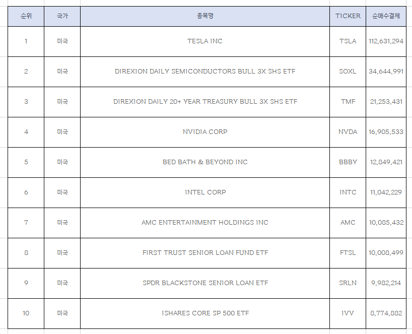  미국 주식 순매수 상위 Top10  [8월 2주차]