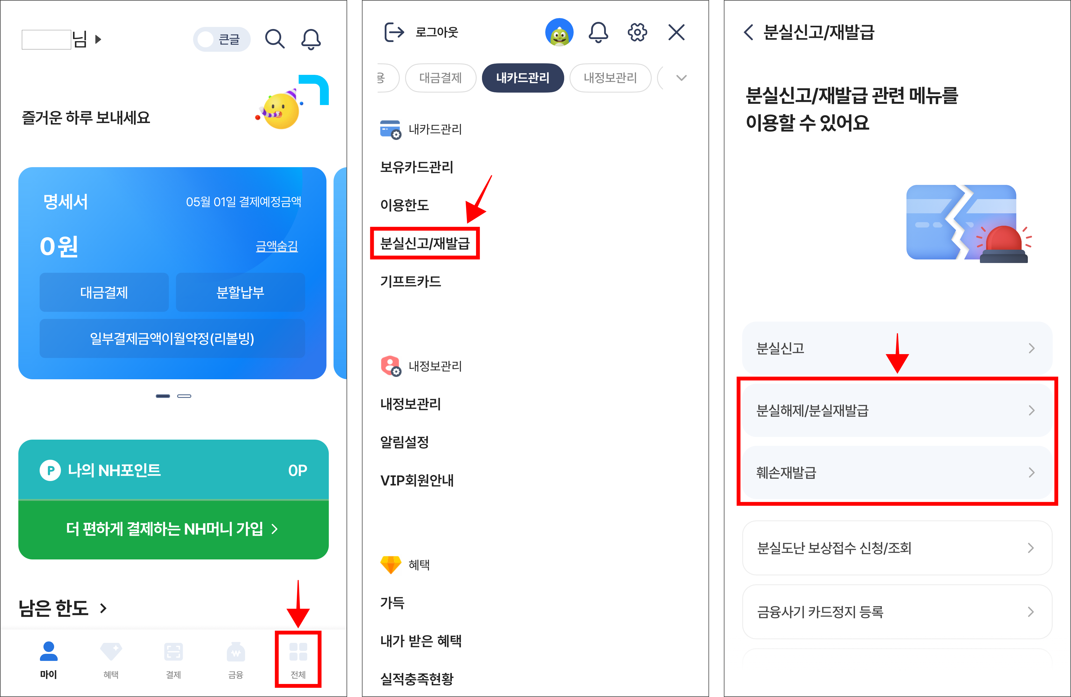NH Pay 앱의 전체 메뉴로 이동하고, 메뉴 중 '분실신고/재발급'을 선택한 뒤, 재발급 방식을 선택