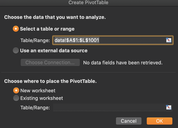 피벗테이블로 분석하고자 하는 데이터의 범위와 위치 설정