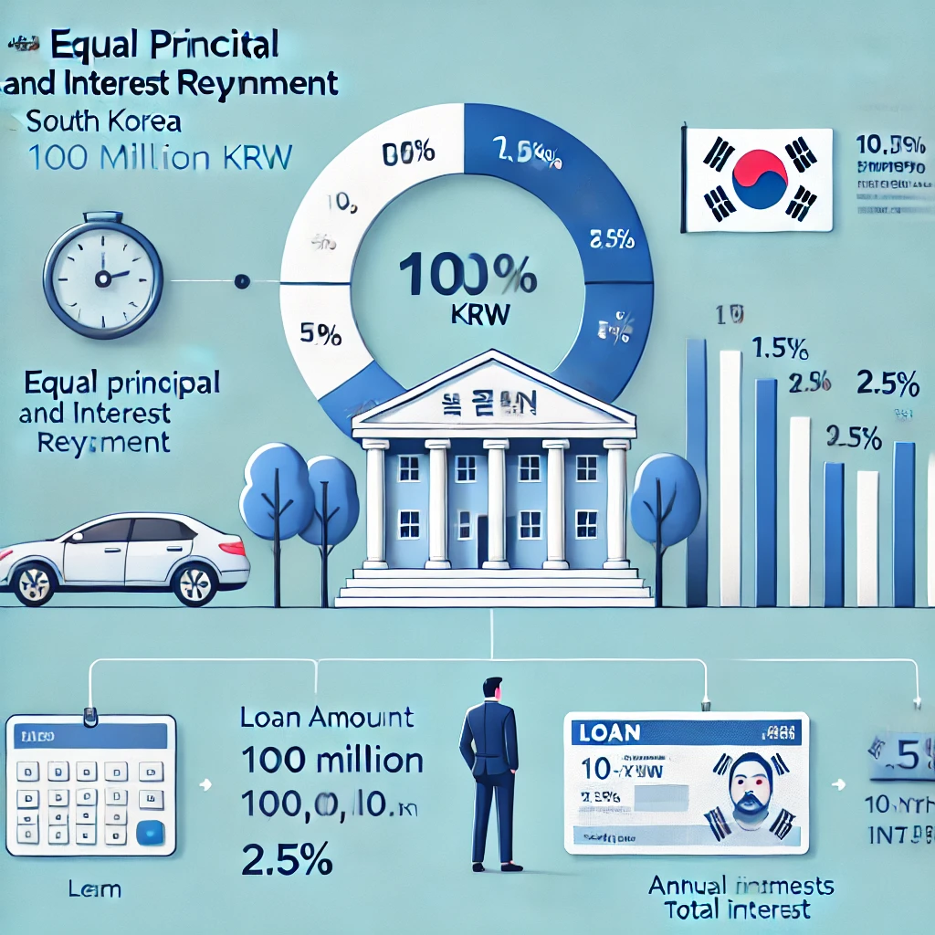 1억 원 대출, 10년 만기, 연 2.5% 적용 시 월 납입금과 총 이자 부담을 계산한 인포그래픽