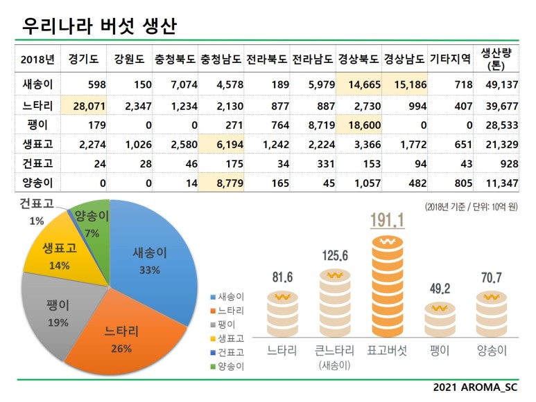 '송이버섯, 느타리버섯, 팽이버섯, 표고버섯, 양송이' 국내 주요 생산 버섯 종류 2