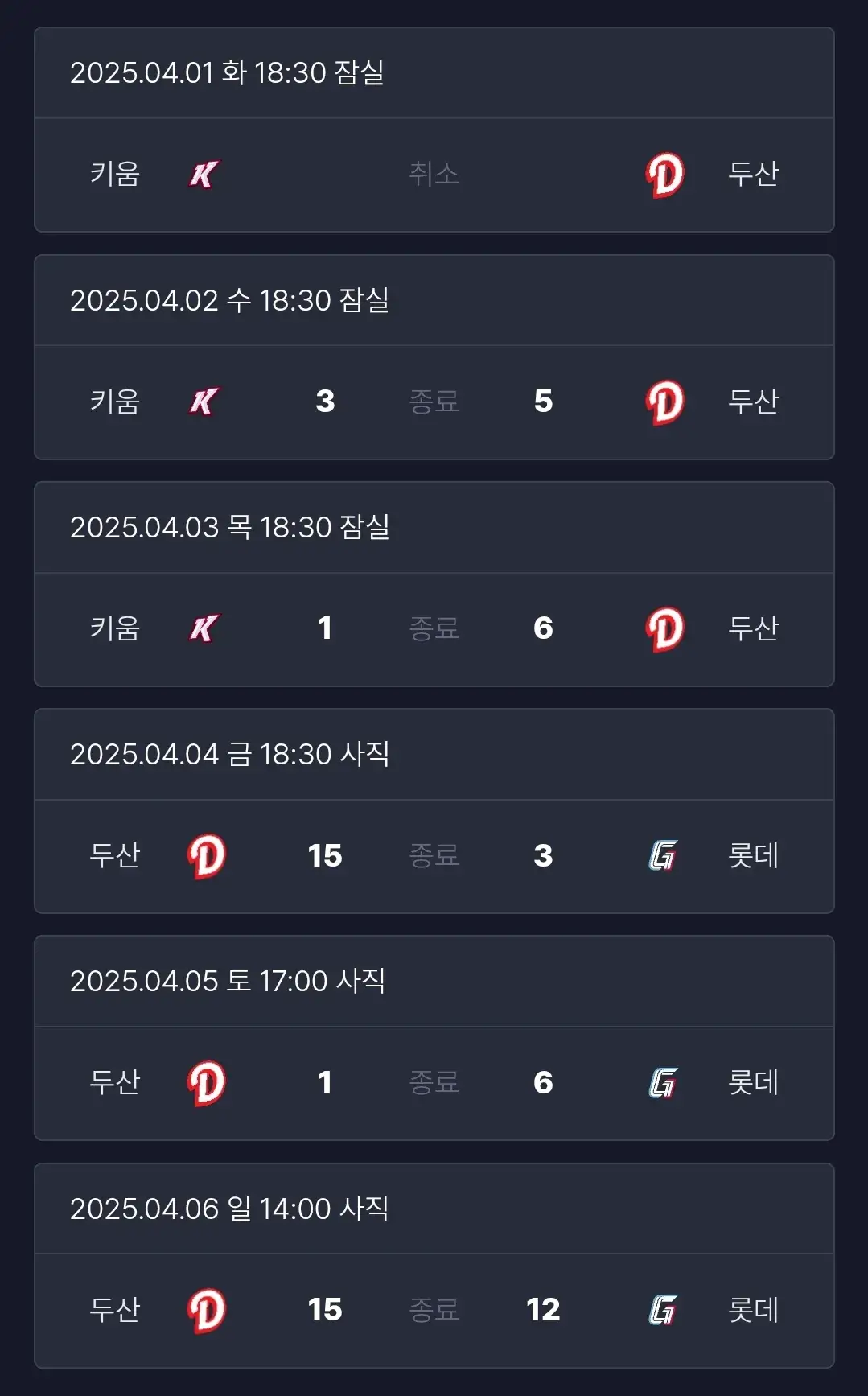 두산베어스 4월 야구경기 일정, 서울 잠실야구장