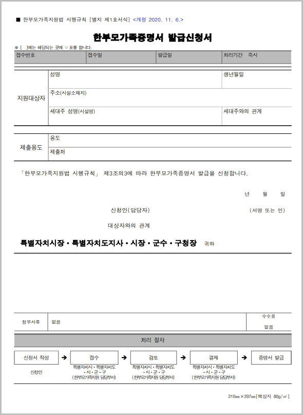  한부모가족증명서 발급신청서 양식 다운로드