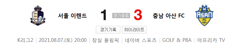  K리그2 / 국내축구 - 서울 이랜드 VS 충남 아산 (1 - 3) 2021시즌 24라운드 하이라이트 (2021년 8월 7일)