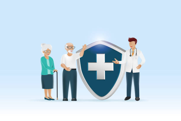 건강보험에 만족하는 노부부와 의사의 모습 포스터