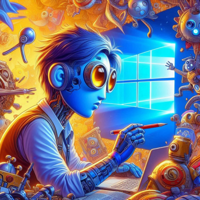 윈도우 화면을 바라보는 사이버 스타일의 인물과 기계 장치들이 어우러진 일러스트