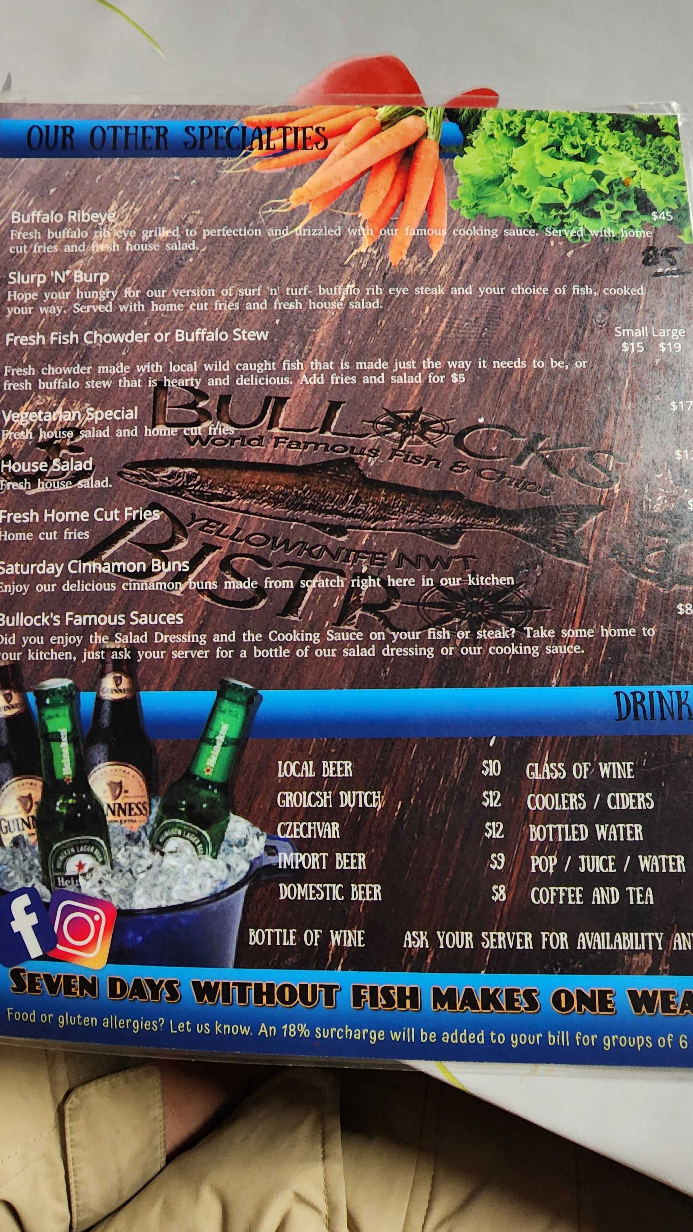 Bullock&#39;s bistro 메뉴판