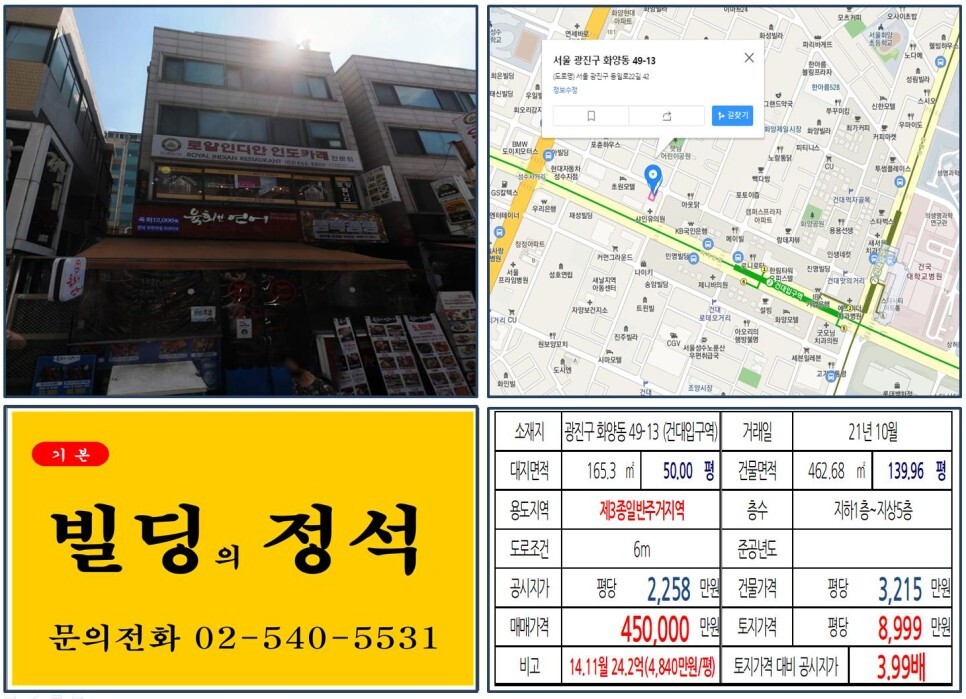  [광진구 건대 먹자상권 40억 꼬마빌딩 실거래가 조회] 화양동 49-13 (건대입구역) 45억 원, 평당 8,999만 원 매매되었습니다.
