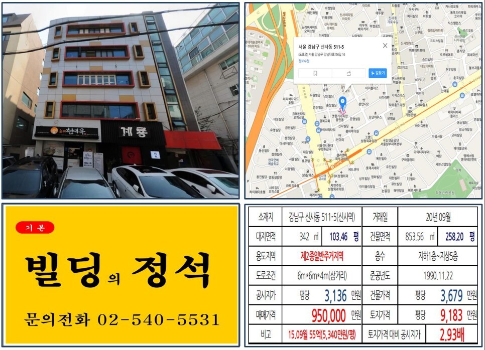  [강남구 신사동 가로수길 90억 꼬마빌딩 실거래가 조회] 신사동 511-5 (신사역) 95억 원, 평당 9,183만 원 매매되었습니다. 세로수길