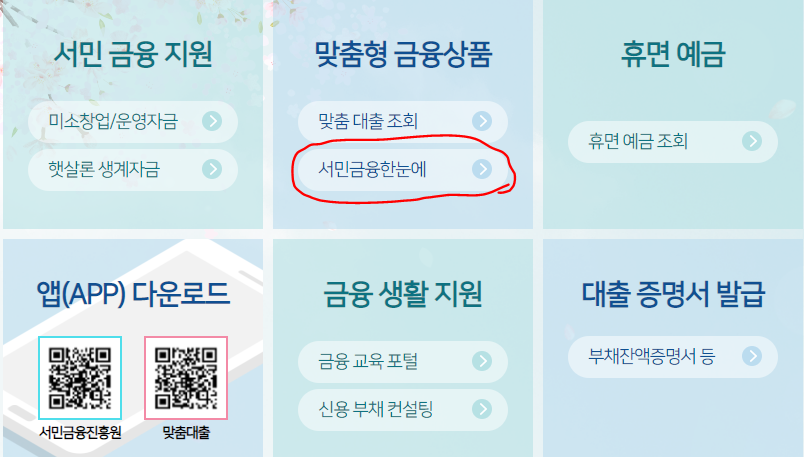 서민금융진흥원 맞춤대출 조회방법 - 맞춤형 금융상품에서 &#39;서민금융한눈에&#39;를 선택