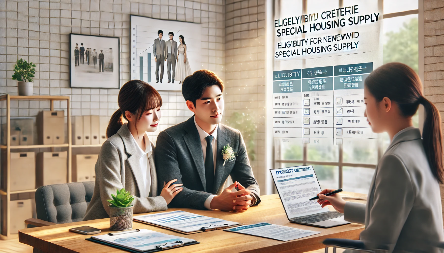 신혼부부가 주택청약 관련 서류를 상담사와 함께 검토하는 장면, 자격 요건을 확인하는 상황
