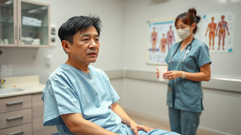 병원에서 소변 검사를 받고 있는 남성