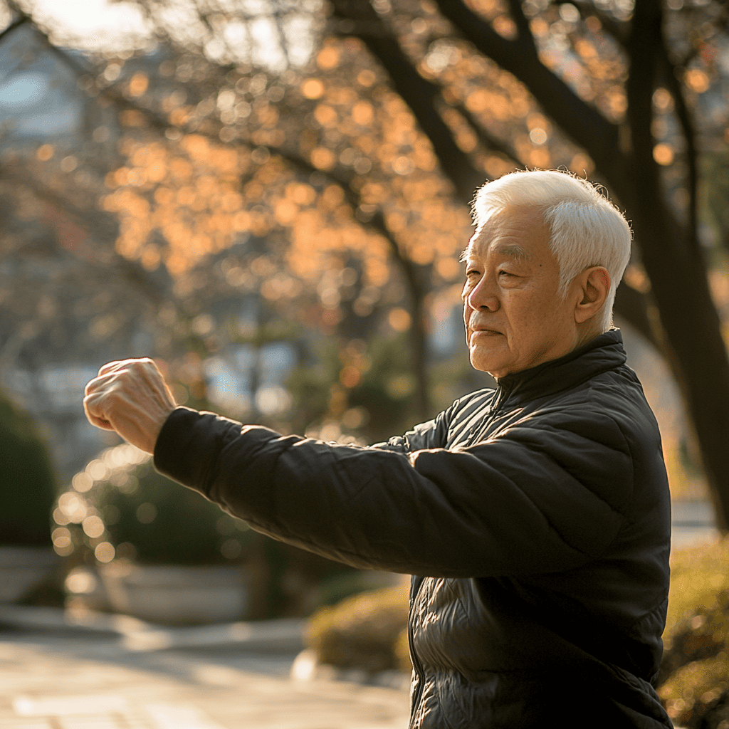 공원에서 아침 태극권을 수련하며 평온한 표정을 짓고 있는 노년 남성의 모습. 치매 예방과 건강한 노년을 위한 규칙적인 운동의 중요성을 보여주는 이미지.