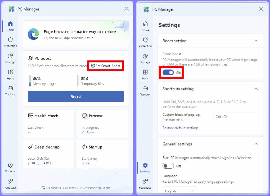마이크로소프트 PC 매니저 메모리 정리 및 임시파일 삭제 자동 설정 방법