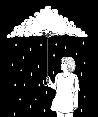 비구름 우산을 들고 있는 소녀의 일러스트 이미지
