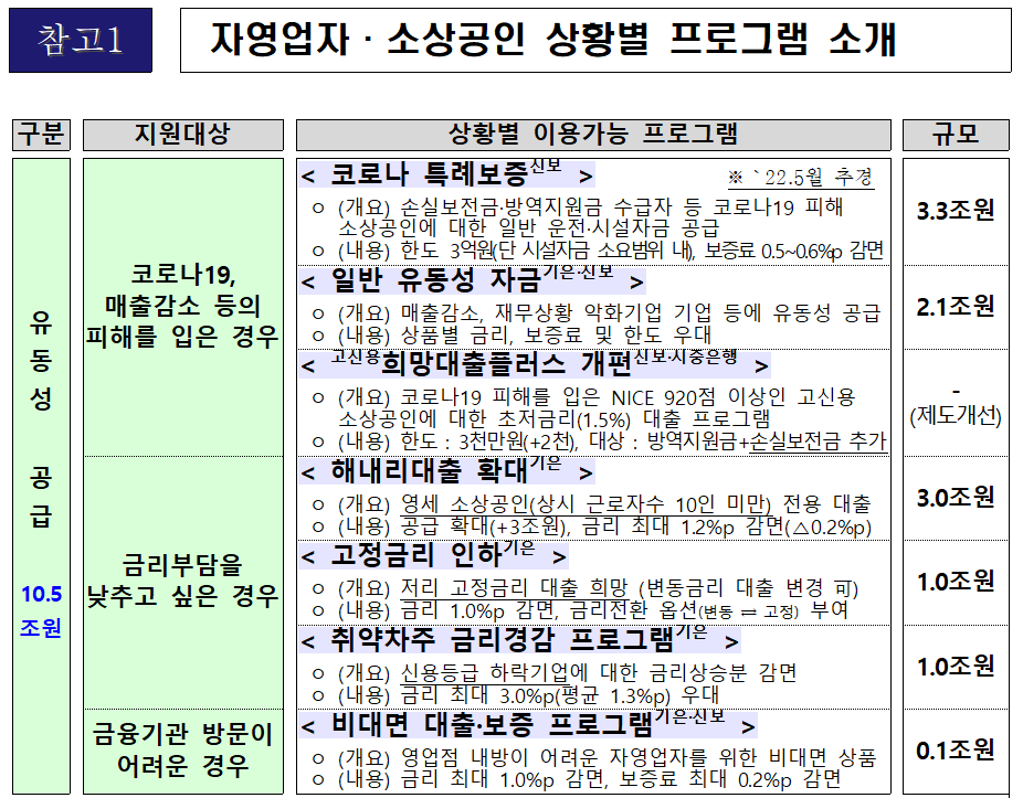  코로나 자영업자 소상공인 맞춤형 금융지원 2022년 종합지원정책