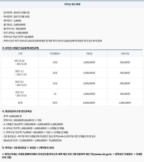 퇴직금 계산 예시