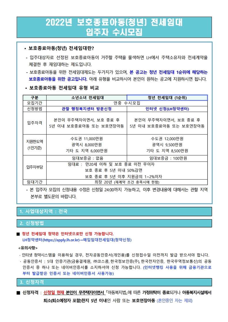  2022년 보호종료아동(청년) 전세임대 입주자 수시모집 공고문