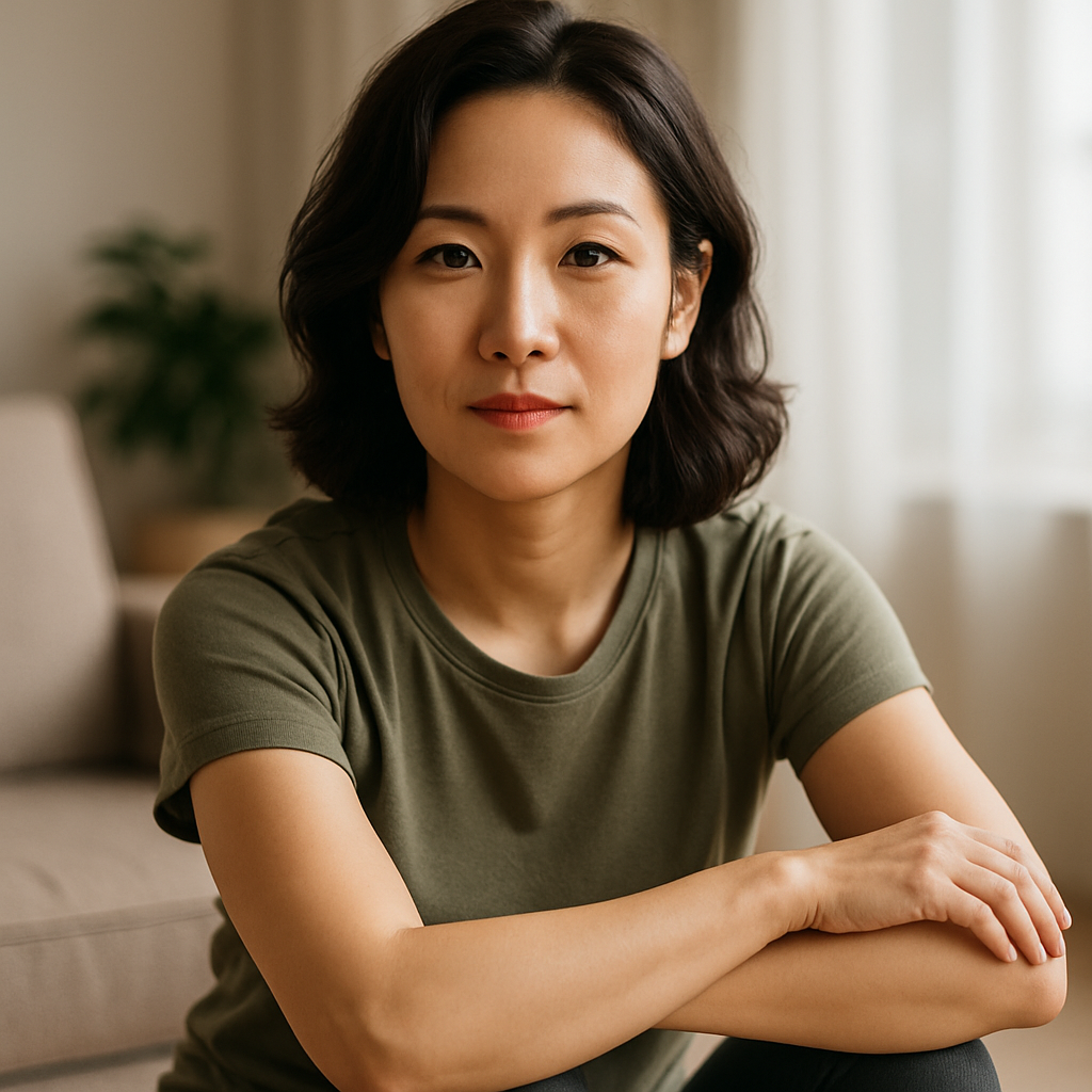 한국 여성이 밝은 거실에서 편안하게 앉아 정면을 응시하는 모습. 자연광이 부드럽게 비치는 따뜻한 분위기 속에서 차분하고 긍정적인 표정을 짓고 있다