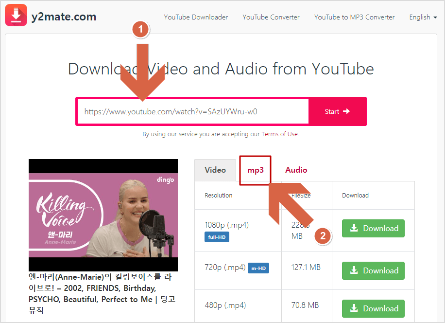 y2mate 검색란에 유튜브 링크 입력 후 다운로드