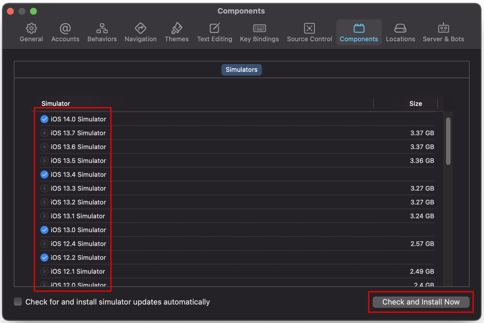 원하는 ios버전별 Simulator 체크 후, 다운로드