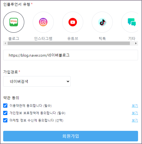 인플루언서 유형 선택 화면