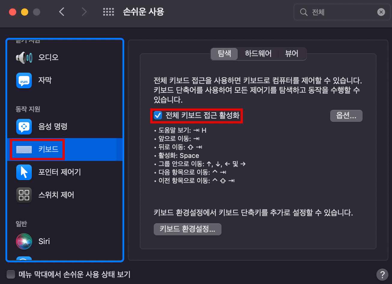 macOS 전체 키보드 접근 활성화
