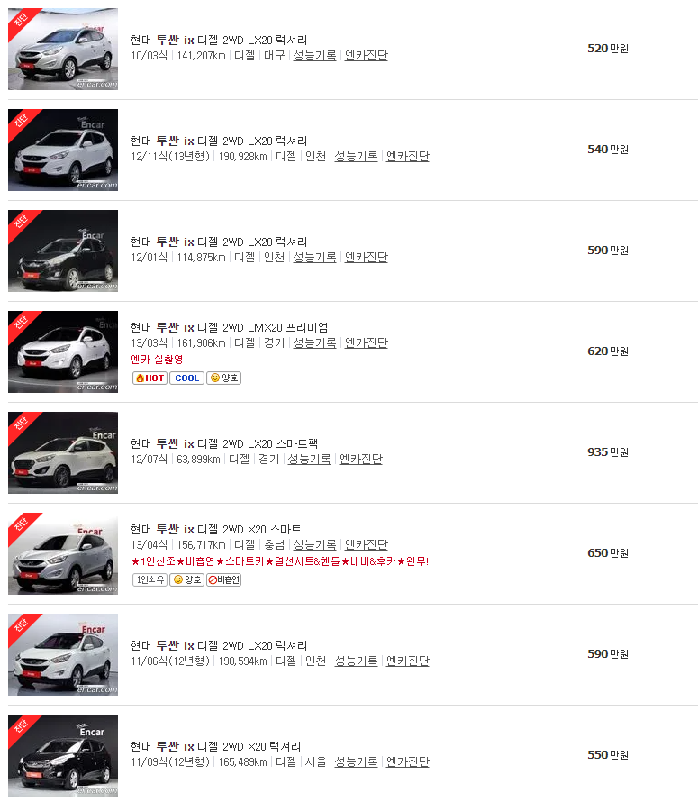 투싼 ix(09~13년식) 중고차 가격