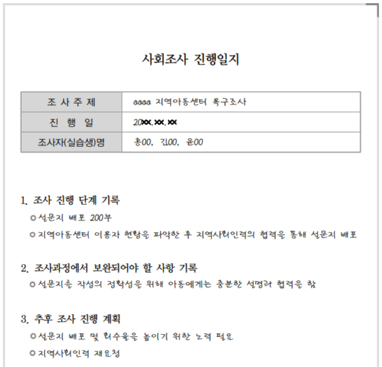  사회 조사 진행 일지 작성 예시/작성 방법/사회복지 과제