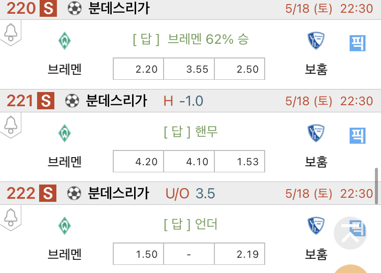 [진짜총판] 5월18일 브레멘 VS 보훔 축구분석