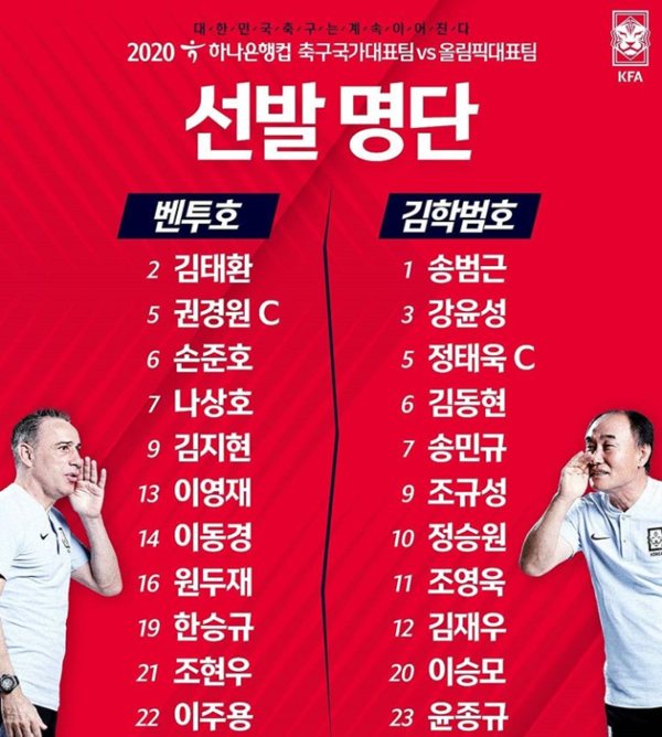  한국 축구 국가대표팀 vs 올림픽대표팀 중계는 어디서? 선발라인업,명단