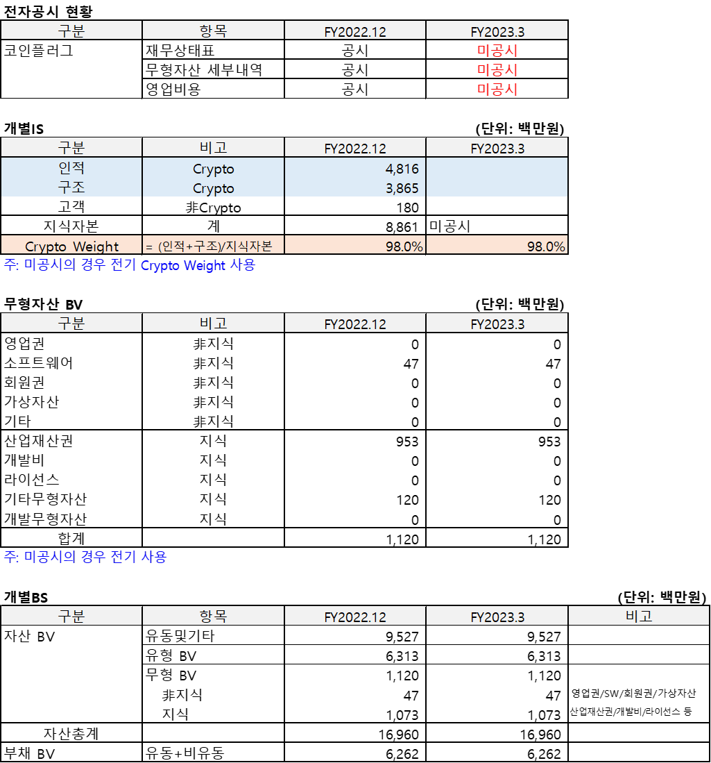 코인플러그(2023.3)의 전자공시 현황 및 개별IS&#44; 무형자산BV 및 개별BS를 정리한 표