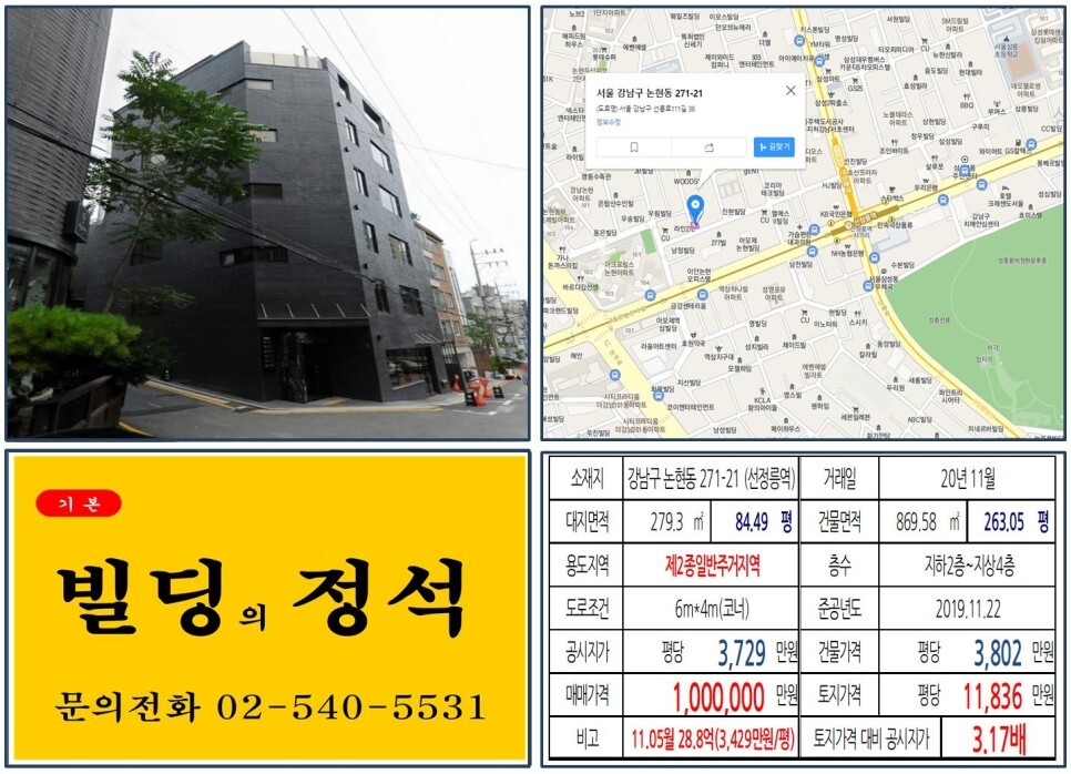  [강남구 봉은사로 100억 꼬마빌딩 실거래가 조회] 논현동 271-21 (선정릉역) 100억 원, 평당 1억 1,836만 원 매매되었습니다.